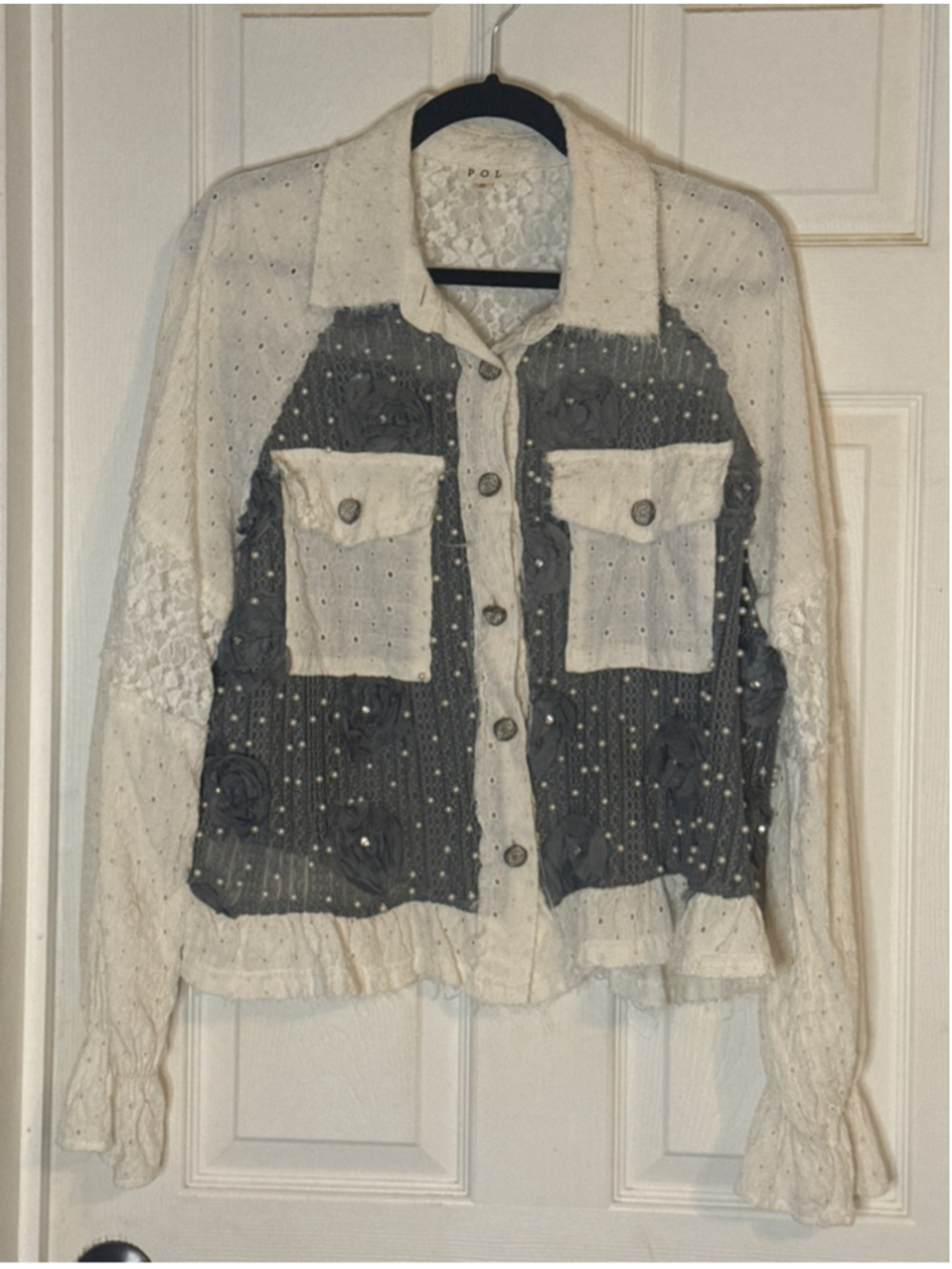 POL White Gray Lace Pearl Jacket S - Picture 1 of 5